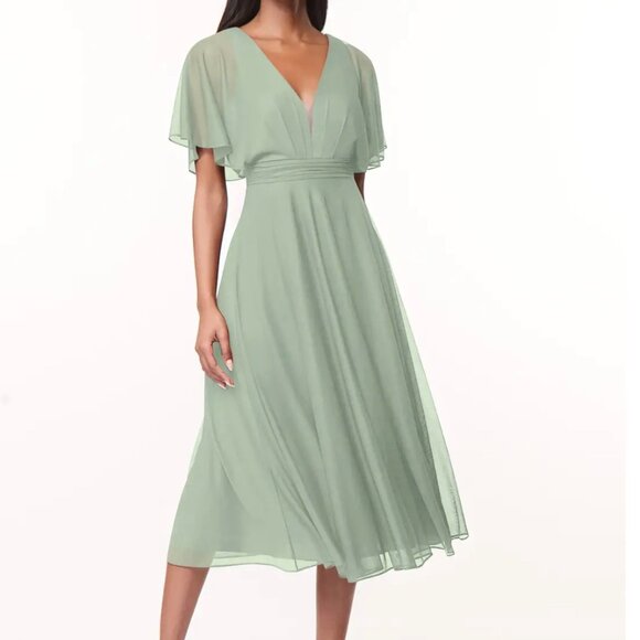Azazie Dresses & Skirts - Azazie Tinsley Bridesmaid Dress Dusty Sage Green Midi Sleeves Flowy Pleated A16